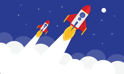 Rocket flying over cloud, Rocket launch. Business startup concept