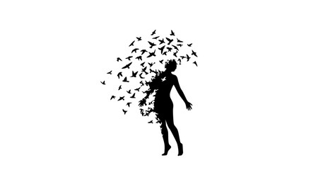  Silhouette Woman Symbolically Transforming into Birds Against White Background