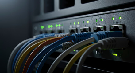 Naklejka premium Network Infrastructure Data Center Server Room Technology Cables Connected