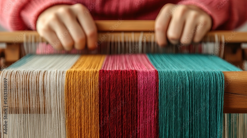 Poster artistic weaving process with colorful threads on a loom