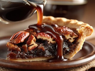 A slice of pecan pie topped with syrup being poured, served on a brown plate.