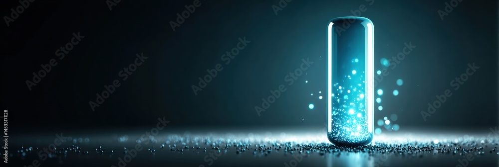 Poster futuristic glowing capsule symbolizing advanced nanomedicine and its potential in healthcare generat