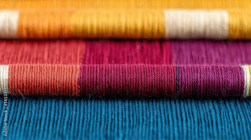 Poster vibrant threads of colorful textile fabric in bold patterns