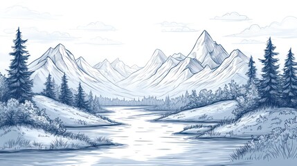 Fototapeta premium Winter Mountain Landscape Drawing