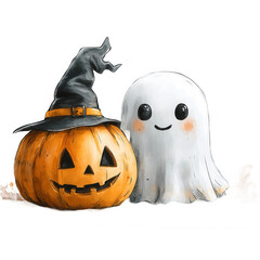 Cute halloween pumpkin with witch hat and ghost illustration for kids on transparent background