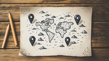 World map sketch on vintage paper, pencils