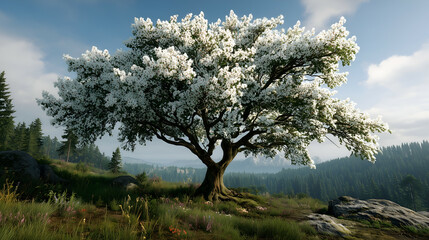 Obraz premium Idyllic View of Prominent Tree in Vibrant Springtime Landscape Promoting Serene Nature and Lush Vegetation