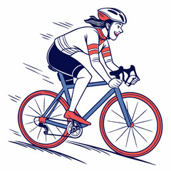 Obraz premium Happy Woman Cyclist Cartoon Illustration On Road Bike Vector Style