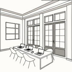 Simple Office Conference Room Outline With Laptops And Windows Illustration