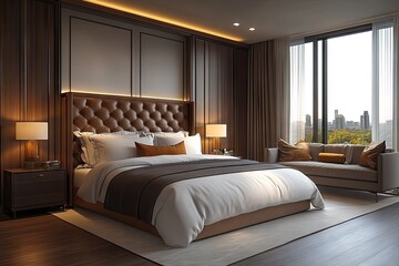 Elegant modern bedroom interior design with luxurious furnishings.