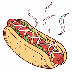 Delicious Hot Dog With Mustard And Ketchup Illustration On White Background