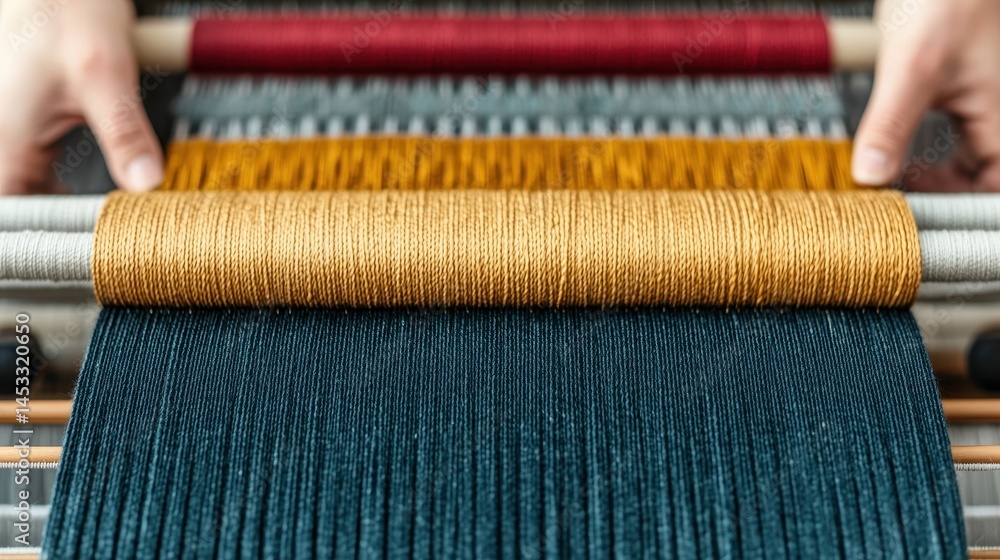 Poster weaving process with colorful threads in textile production studio