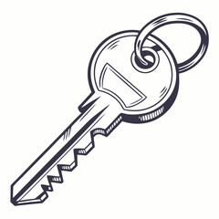 Hand Drawn Detailed Sketch Of A House Key And Keyring
