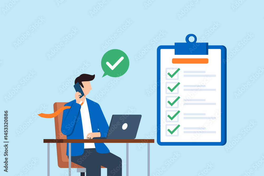 Poster flat illustration of business consultant solving issues on phone call with checklist and laptop in o