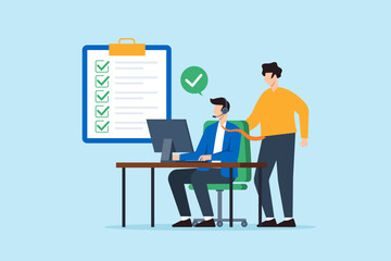 Fototapeta premium Flat illustration of support specialist assisting customer with computer and checklist in professional helpdesk service