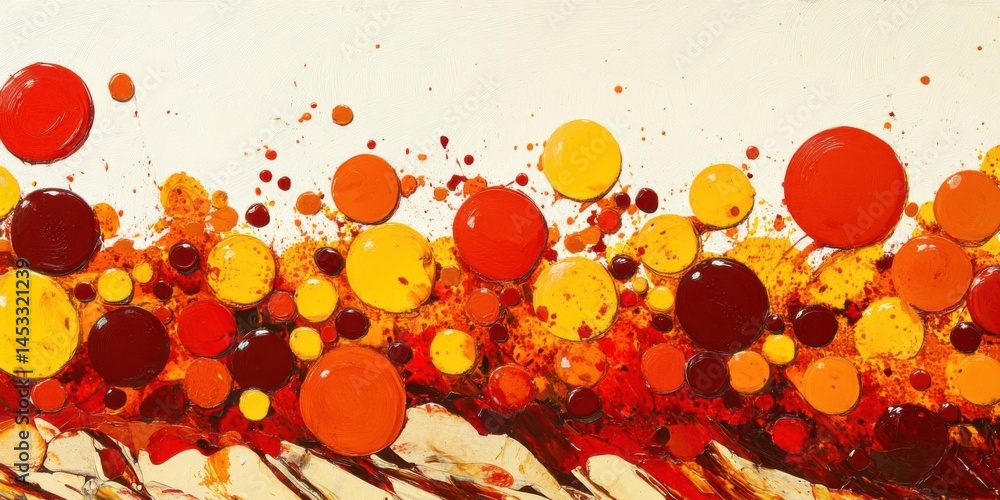 Poster abstract spheres create a visual feast with warm hues and textured splatters.