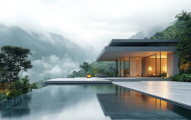 Contemporary home overlooking misty mountains and lush vegetation.