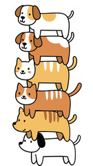 Stack of five cartoon cats and dogs balancing on each other in playful arrangement illustration 