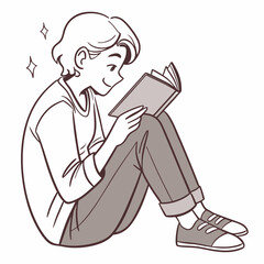 Cartoon Boy Sitting And Reading A Book With Sparkles Illustration