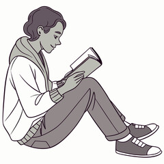 Girl Reading Book Sitting Down Relaxing Casual Outfit Student Illustration Vector