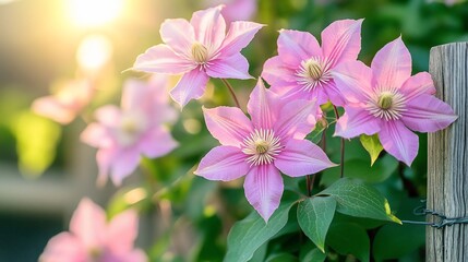 Obraz premium Pink clematis blooming on fence in garden with sunlight streaming through leaves