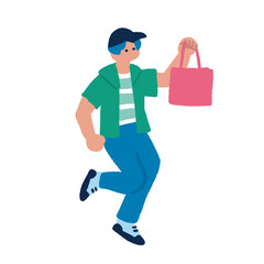 買い物を楽しむ男性　カラフルでフラットな手書きのイラスト

