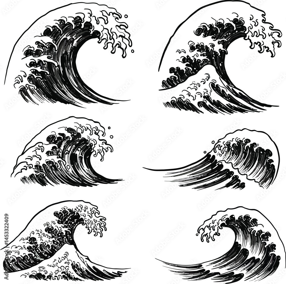 Poster stylized black ink japanese wave illustrations with dynamic crest and foam patterns in traditional a
