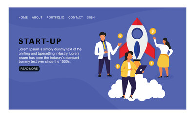 Startup Business Landing Page. New Project Banner with Flat People Characters Launching Rocket Website Template