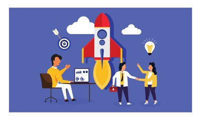 Startup Business Landing Page. New Project Banner with People Characters Launching Rocket