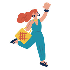 ジャンプして喜ぶ女性　カラフルでフラットな手書きのイラスト
