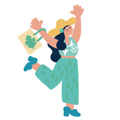 ジャンプして喜ぶ女性　カラフルでフラットな手書きのイラスト
