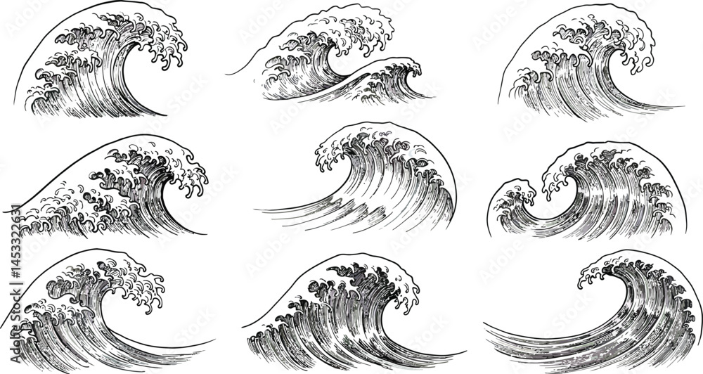 Aufkleber collection of hand-drawn ocean waves in various dynamic shapes and styles for artistic and design us