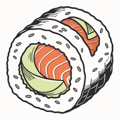 Cartoon Maki Sushi Roll Illustration With Salmon And Avocado Inside