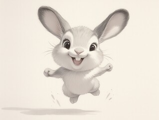 Obraz premium Animated bunny jumping joyfully. It has gray fur and big ears