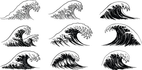Stylized black and white waves set showing various artistic ocean wave designs in ink drawing style 
