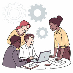 Diverse Team Discussing Project Around Laptop With Gears In Background