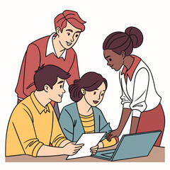 Diverse Team Collaborating On Project Reviewing Documents And Using Laptop