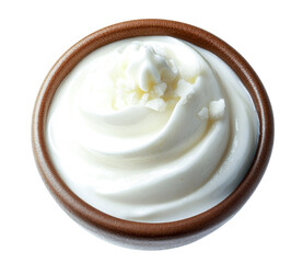 creamy yogurt dessert in wooden bowl