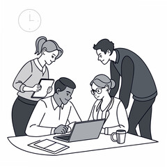 Teamwork Cartoon Illustration Diverse Business People Working Together Office Scene