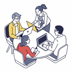 Business Team Working Together Around Round Table With Laptops And Papers