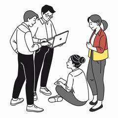 Team Collaboration Using Laptop And Notebook In Modern Workspace Line Art Style