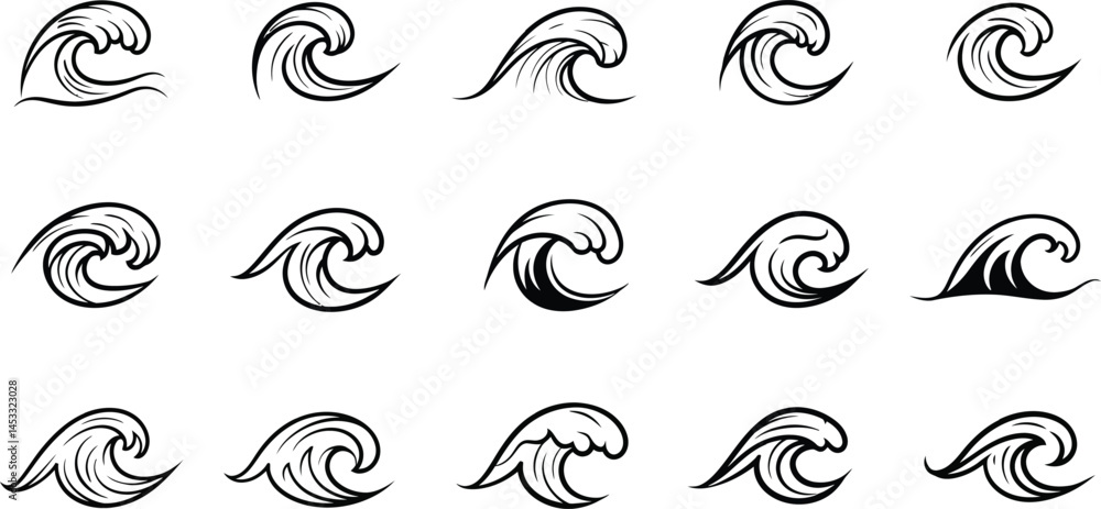 Poster black outline wave icons set for surfing and ocean themes in various curved shapes and styles
