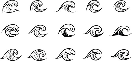 Obraz premium Black Outline Wave Icons Set for Surfing and Ocean Themes in Various Curved Shapes and Styles 