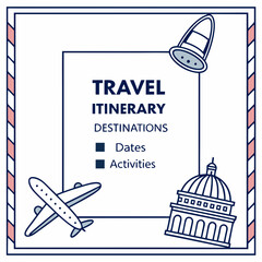 Minimalist Travel Itinerary With Airplane Landmark And Suitcase Icons