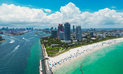 Aerial view of Miami Beach with turquoise waters. Drone shot of Miami skyline. Top view of South...