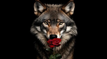 Fototapeta premium Wolf with red rose closeup image