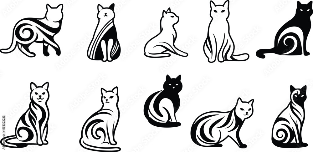 Poster abstract black and white cat illustrations with spiral and stripe patterns in various poses vector i