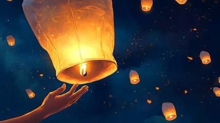 Hand Releasing Lanterns: A hand gently releasing a glowing lantern into the night sky during a festival, symbolizing hope and celebration. 