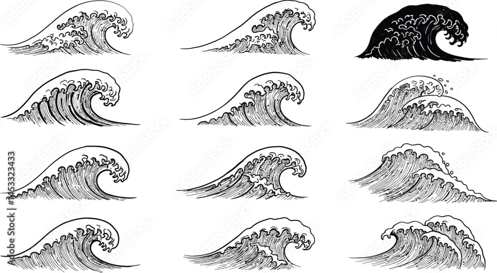 Aufkleber collection of hand drawn ocean waves illustrations in black and white line art style with varied wav