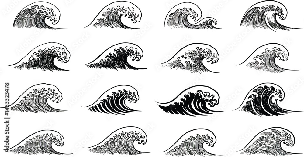 Aufkleber collection of stylized black and white ocean wave illustrations with dynamic curling shapes and arti